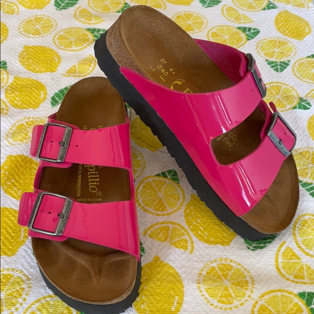 Papilla Birkenstock patent pink Arizona platform